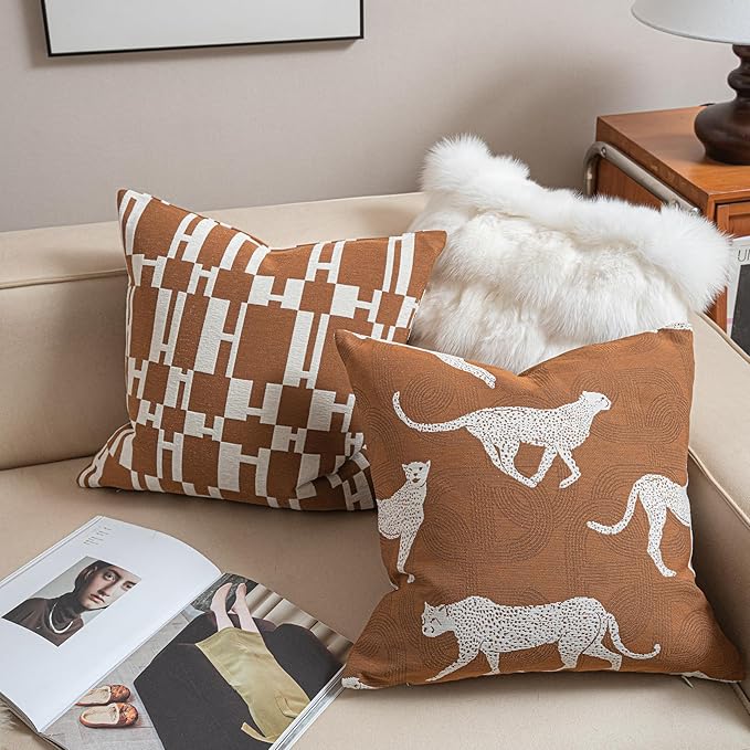 2025 New 22x22'' inches Throw Pillow Cushion Covers - Caramel H Letter Chenille Jacquard Embroidery Luxury Modern Style Couch Sofa Bed Pillow Cover for Living Room Bedroom