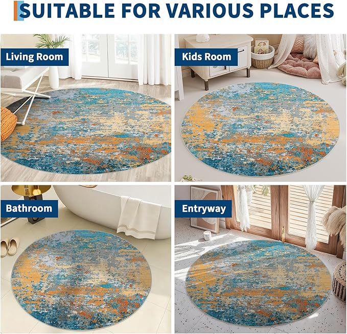 Modern Abstract 6x6 Round Area Rug Non Slip Non Shedding Rug Low Pile Stain Resistant for Bedroom Living Room Office Dining Room,Multi Color