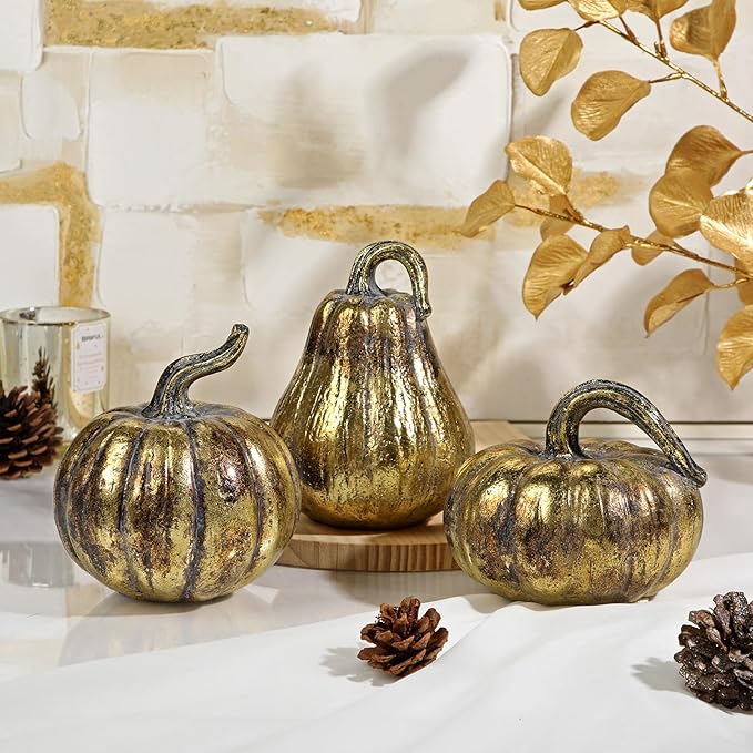 Hollyone Fall Pumpkin Decor 3 PCS Gold Resin Pumpkin Figurines Fake Pumpkins for Decorating Faux Pumpkins Fall Decorations Rustic Farmhouse Home Centerpiece for Thanksgiving Harvest Halloween Autumn