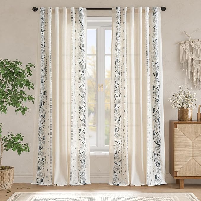 jinchan Winslow Linen Curtains for Bedroom 108 Inches Length Embroidered Bordered Floral Curtains for Living Room Farmhouse Decor Light Filtering Window Treatments Blue on Beige Drapes 2 Panels
