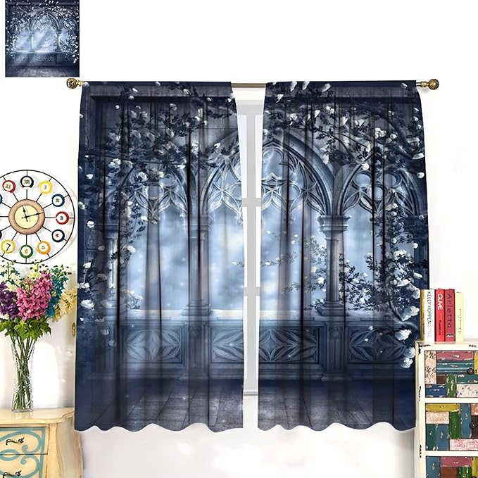 Gothic Mid Century Blackout Curtains, Medieval Castle Vintage Arch Stone White Rose Floral Window Drapes, for Living Room Bedroom 21(W)*54(L) 2 Panels