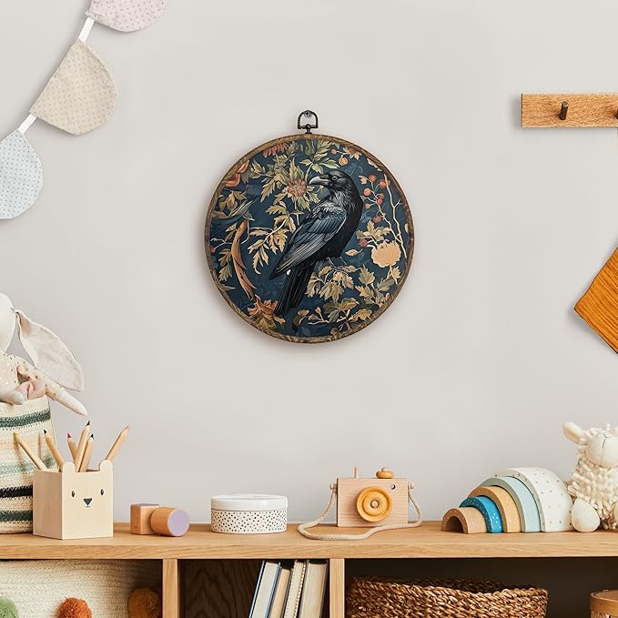 KFXHANGD Vintage Raven Crow Round Wall Art Framed, Raven Botanical Wall Art, Cottagecore Crow Canvas Wall Art Decor,Gothic Mid Century Dark Raven Hanging Wall Decor for Bathroom Living Room, 10x10In