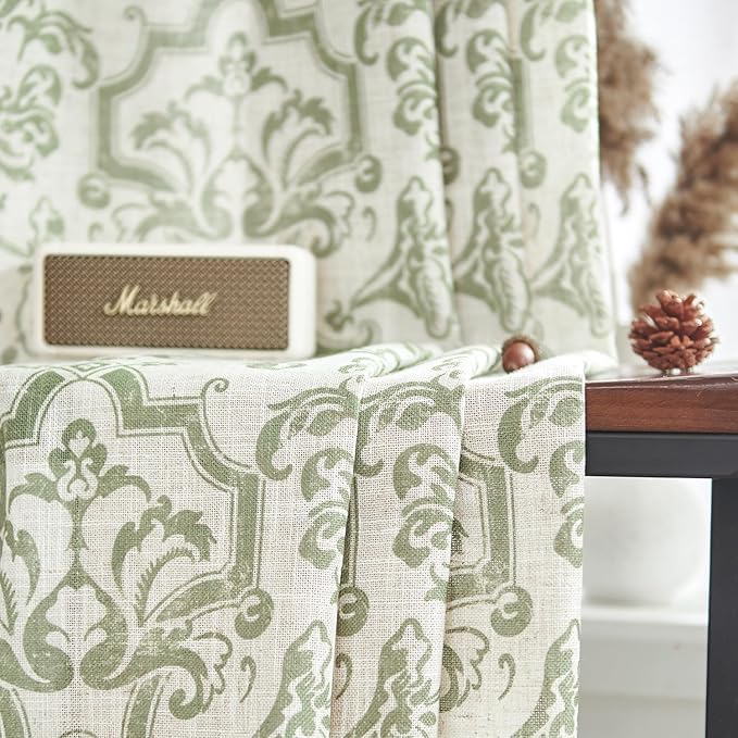 jinchan Curtains for Bedroom, Light Filtering Curtains 72 Inch Length 2 Panels Set, Baroque Style Linen Drapes for Living Room, Vintage Damask Patterned Window Treatments, Grommet Sage Green on Flax