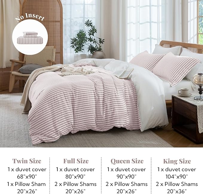 MILDLY Jacquard Stripe Duvet Cover - 100% Washed Cotton Pale Pink Boho Textured Comforter Cover 3pcs with Zipper Closure 104"x90"
