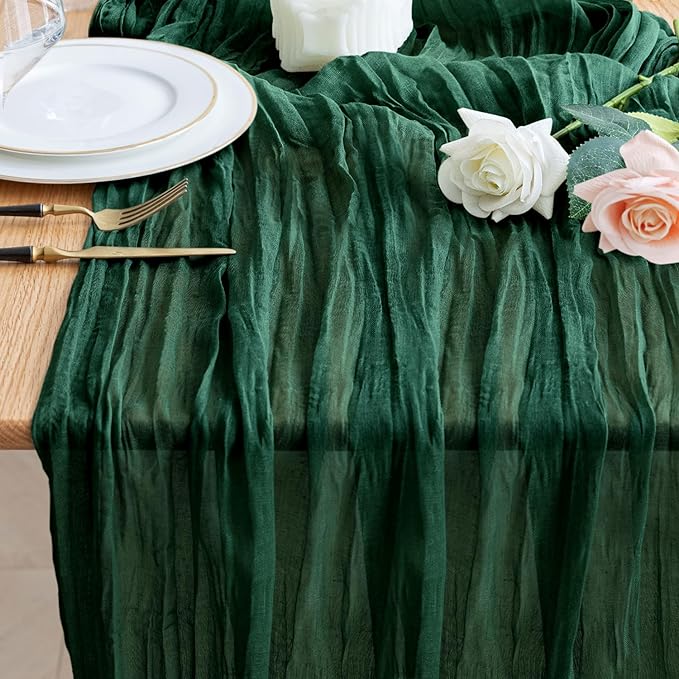 Wokceer Cheesecloth Table Runner Emerald Green 10FT Boho Gauze Christmas Cheese Cloth Table Runner for Party Long Rustic Sheer Table Runners for Baby Bridal Shower Wedding Easter Table Decor