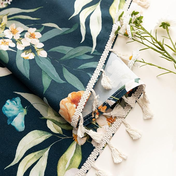 Boho Floral Curtains French Country Farmhouse Curtains 102 Inches Long Light Filtering Window Rod Pocket Drapes for Living Room 2 Panels-Navy Blue Floral