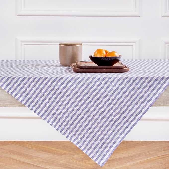 Solino Home Linen Tablecloth 52 x 52 Inch - Amalfi Stripe, 100% Pure Linen Violet and White Square Tablecloth - Machine Washable Table Throw