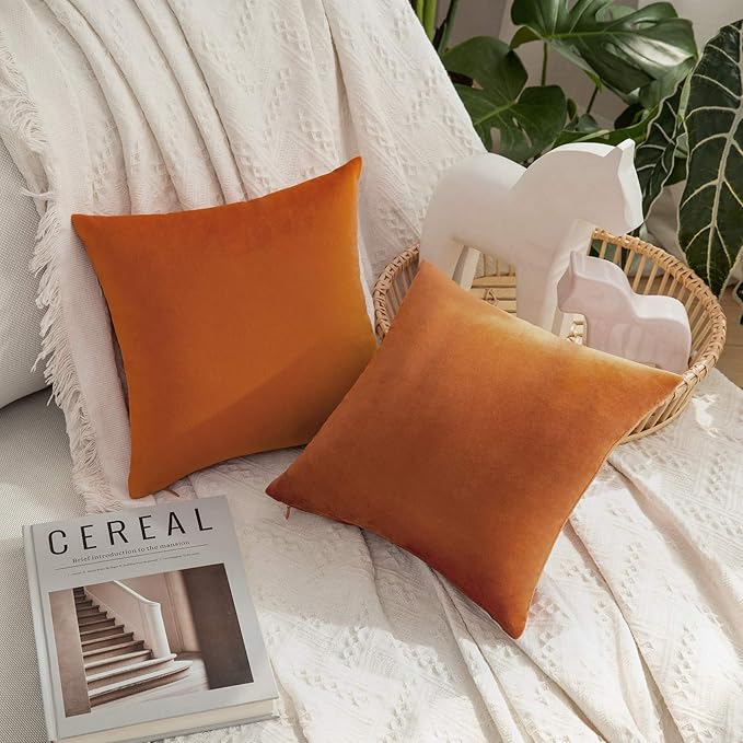 MIULEE Pack of 2 Orange Velvet Pillow Covers Fall Decorative Square Pillowcase Soft Solid Autumn Cushion Cases for Sofa Bedroom Car Decor 12x12 Inch Orange