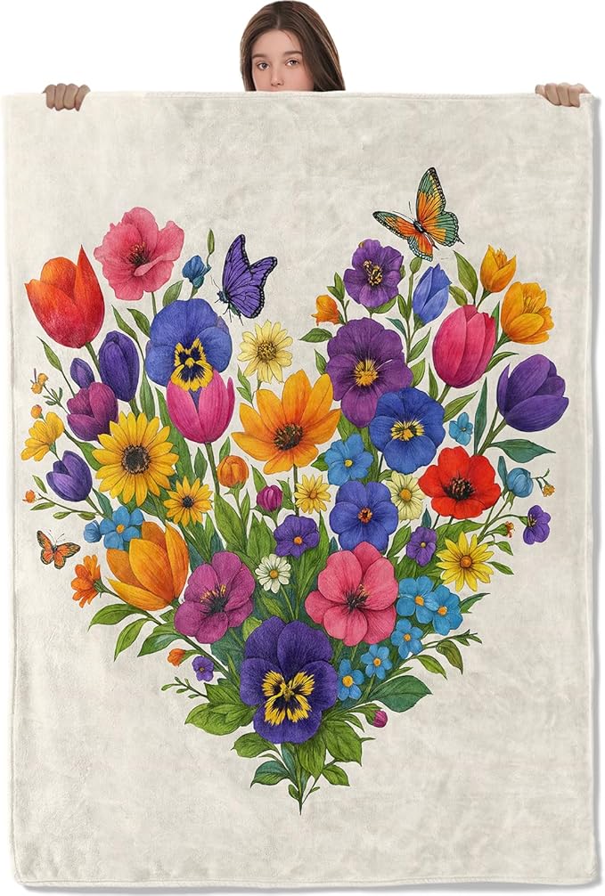 Colorful Floral Flannel Throw Blanket, 50"x60", Heart Shape Flower, Soft Warm Lightweight Blankets, Machine Washable, Adults Kids Gifts, Outdoor Indoor Travel Hiking Nap Throw, Home Decorate