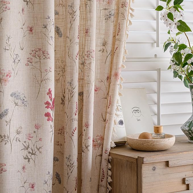 OYX Floral Curtains 2 Panels 52x96 Inches, Boho Tassel Semi-Sheer Light Filtering, Rod Pocket Farmhouse Window Drapes for Bedroom Living Room Dining Room, Bohemian Aesthetic Decor