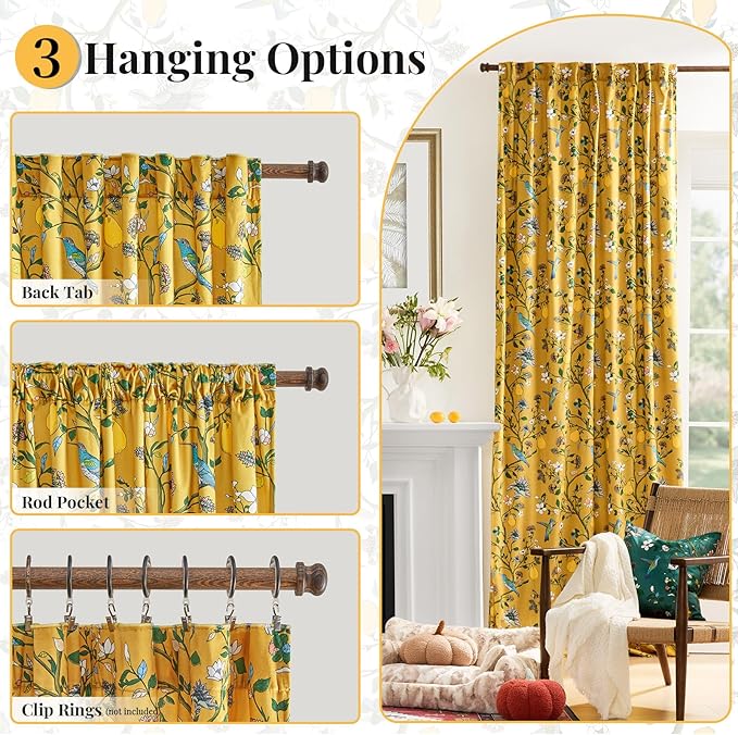 Mustard Yellow Vintage Velvet Curtains 102 inches for Living Room,Victorian Whimsical Botanical Floral Blackout Room Darkening Curtain Drapes,2 Panels Mid Century Anthropologie Bedroom Window Curtains