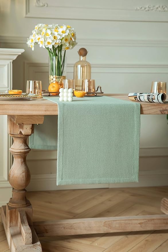 ZeeMart Burlap Style Farmhouse Table Runners 60 Inches Long, Sage Green Rustic Woven Dining Table Runner for Everyday Use, 14x60 Inches, Seafoam