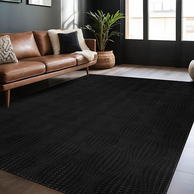 Modern Black Non Slip Rug Solid 4x6 Non Skid Soft Rubber Back Area Rugs for Living Room Kitchen Bedroom Bathroom Dining Room Easy Cleaning Stain Resistant Non Shedding Carpet 4 x 6