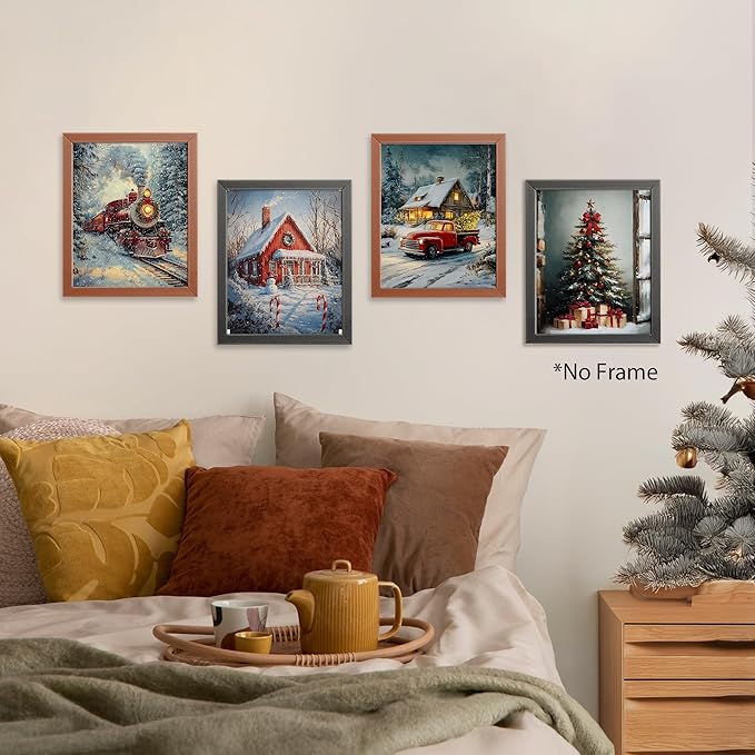 AEHIE Vintage Winter Xmas Tree Wall Art Poster Prints for Home Living Room, Vintage Xmas Holiday Poster Prints, moody christmas Pictures with Winter Snowy Forest Scene Wall Art Unframed 4pcs 8x10inch