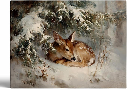 Winter Fawn Wall Art Prints,Woodland Christmas Decor,Rustic Farmhouse Print,Cozy Animal Painting,Snowy Forest Artwork,Christmas Snowy Deer Scenery