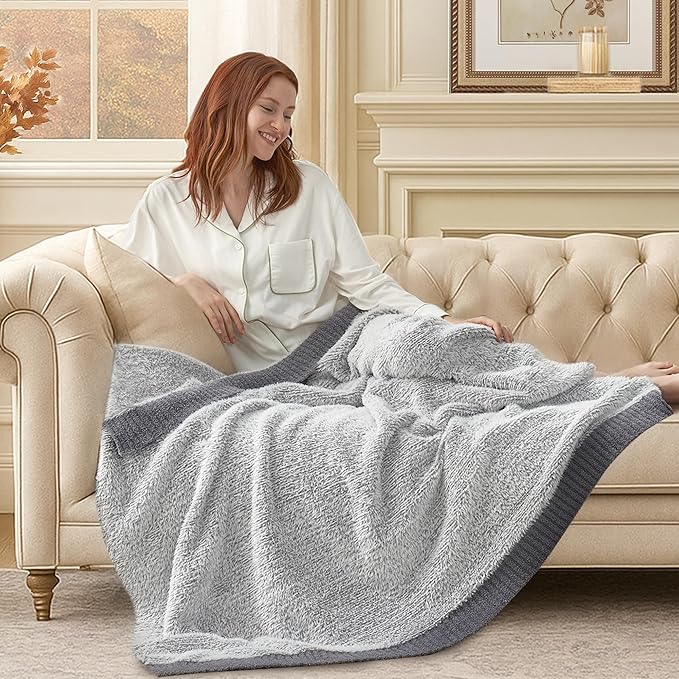 Amélie Home Knit Throw Blanket for Couch, Super Soft Cozy Fuzzy Throws for Sofa Bed Living Room, Luxury Cozy Fluffy Throw for Room Decor, 60" x 80", Heather Grey