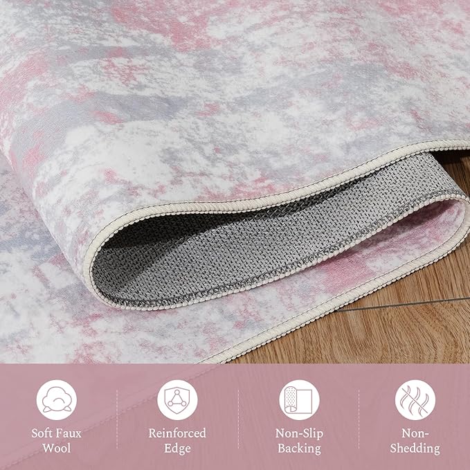 Rugflix 5x7 Area Rugs for Living Room, Washable Large Rug Stain-Resistant Low Pile, Modern Carpet for Dining Room Home Office Kid Room Nursery Bedroom, Pink Grey