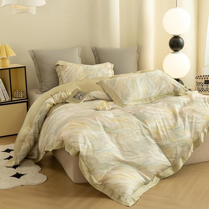 ECOCOTT Bedding 3-Piece Duvet Cover Set Queen Size – Silky Soft 100% Lyocell, Cooling & Breathable for Hot Sleepers, Ultra-Soft with Elegant Marble Pattern, Moisture-Wicking