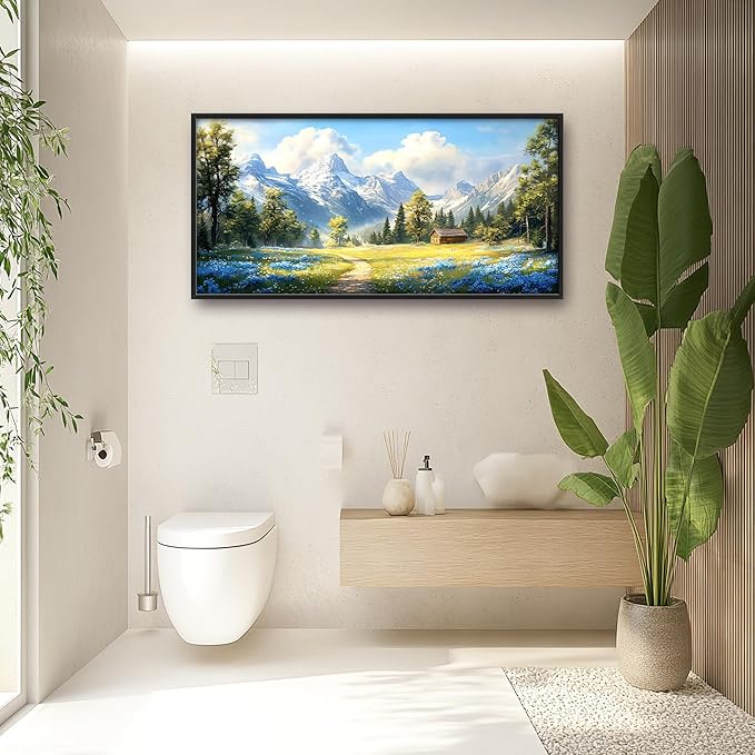 Mountain Large Wall Art Framed Wall Decor for Living Room, Countryside Wildflowers Pictures Oversized Canvas Print Painting Modern Extra Large Framed Artwork for Bedroom Office Home Decor 60"x30"