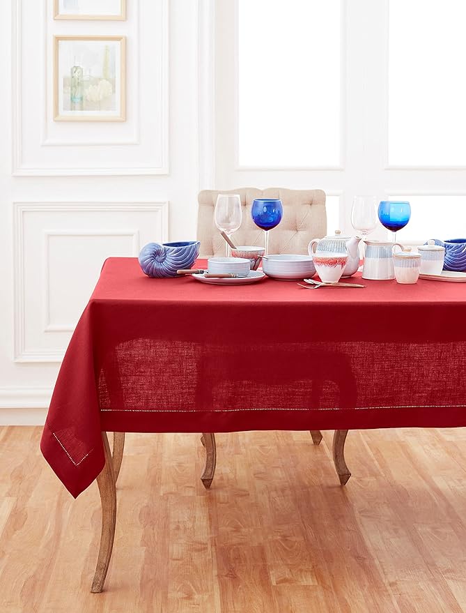 Solino Home Linen Tablecloth 60 x 120 Inch - Classic Hemstitch 100% Pure Linen Red Table Cloth for Rectangle Tables - Machine Washable Tablecloth for Christmas, Winter