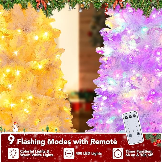 NALONE 6FT White Pre-Lit Christmas Tree with Remote Control and Timer, Artificial Full Spruce Christmas Tree with Warm White/Multi-Color Lights, 9 Lighting Modes