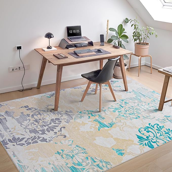 Keeko 8x10 Area Rugs for living Room, Modern Abstract Floral Pattern Rugs for Bedroom, Soft Washable Rug with Non-Slip Backing Low-Pile Non-Shedding Carpet for Kitchen Home Office Dining Table - Beige