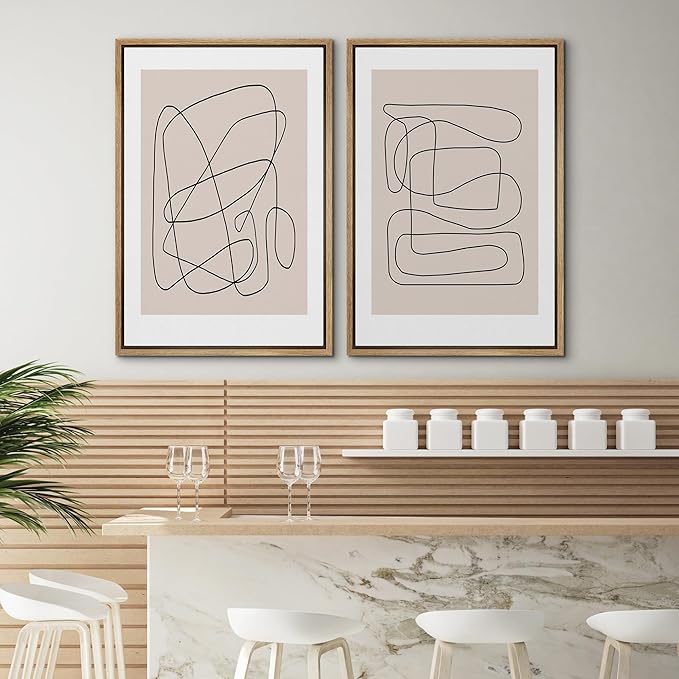 SIGNWIN Framed Wall Art Print Set Line Art Thin Lines Over Plain Tan Background Abstract Swirly Digital Art Modern Art Mid-Century Modern Expressive for Living Room, Bedroom, Office - 24"x36"x2 Panels