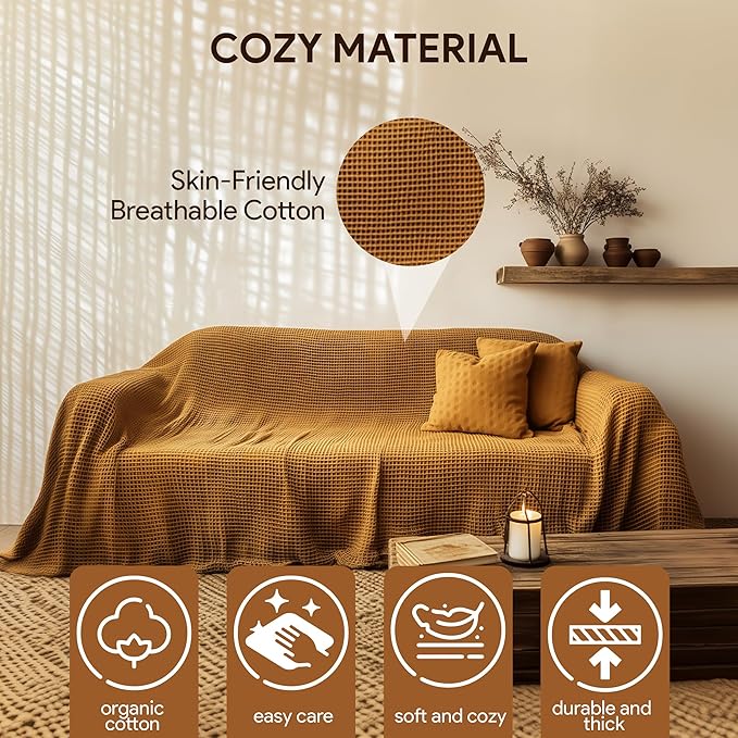 Waffle Couch Cover %100 Cotton - Perfect for L-Shape, U-Shape & Sectional Sofas, Washable Couch Cover, Extra Large Cinnamon Sofa Cover, 3, 4 Seater Slip Cover (Cinnamon, 71x134 inches - 180x340 cm)