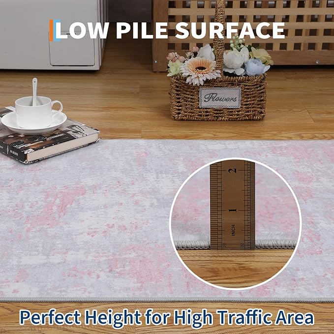 Modern Abstract 2x6 Runner Rug Washable Non Slip Stain Resistant Rug for Hallway Kitchen Bedroom Non Shedding Low Pile Indoor Floor Cover,Grey Pink