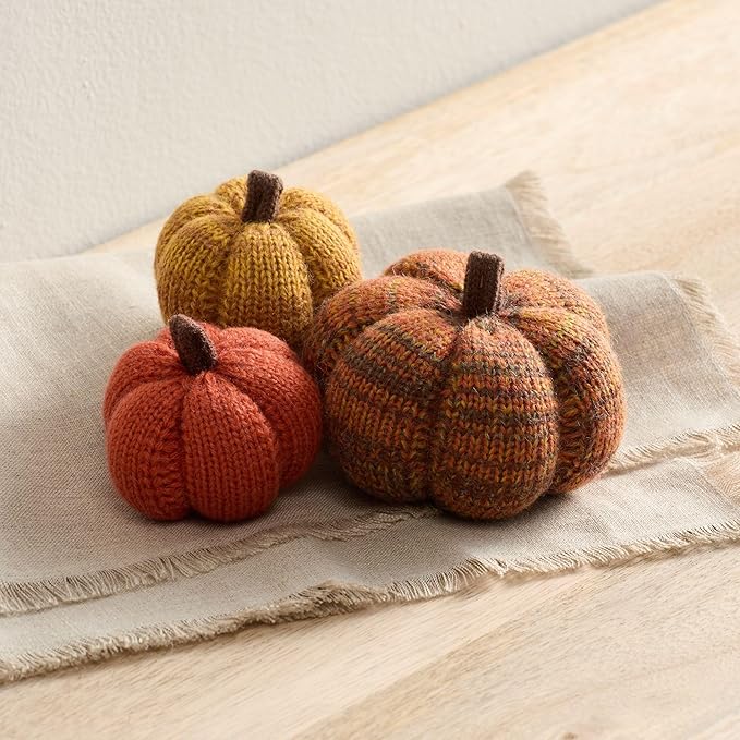 Your Heart's Content Set of 3 Cozy Mini Knit Pumpkins, Warm Green Gold Fall Table top décor, Soft Autumn Home Accents, Thanksgiving Table Setting (Spiced Maple Multi-Size Set)