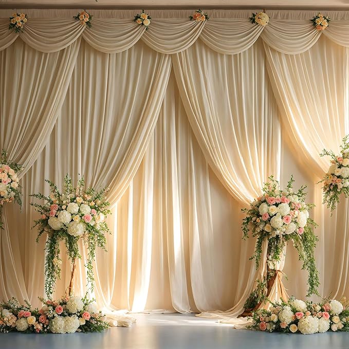50ftx10ft Wrinkle Free Beige Backdrop Curtains for Parties, 10 Panels 5x10ft Thick Polyester Backdrop Drapse for Weddings Birthday Photography Background Curtains