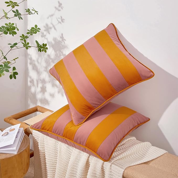 MONDAY MOOSE Decorative Throw Pillow Covers Cushion Cases, Set of 2 Soft Velvet Striped Piping Edge Designs, Pillow Inserts Not Included (Pink/Honey, 20x20 inch)