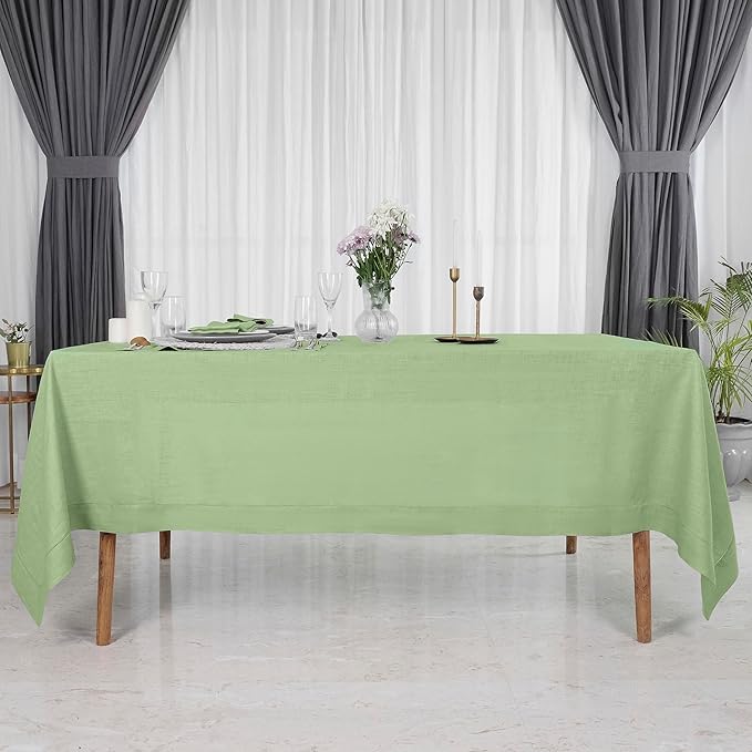 D'Moksha Homes Sage Green Linen Tablecloth for Rectangle Tables 60 x 102 Inch - Classic Hemstitch 100% Pure Linen Green Table Cloth - Machine Washable Dining Tablecloth for Thanksgiving, Christmas