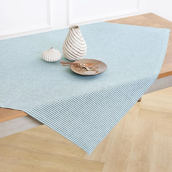Solino Home Linen Square Tablecloth 52 x 52 Inch - Narrow Stripe, 100% Pure Linen Rainforest and White Table Throw - Machine Washable Tablecloth for Christmas