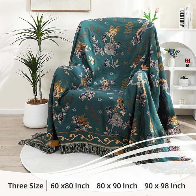 Boho 100% Organic Cotton Muslin Large Throw Blanket 60" x 80" - All Season Rustic Ultra Soft Breathable Floral Bird Blanket for Bed Sofa Couch Chair Bedspread Quilt Gift,-Teal,Beige