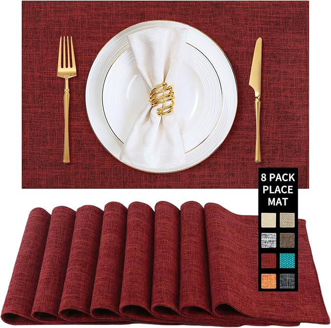 Red Placemats Set of 8, Washable Dining Table Mats Cloth Place Mats, Elegant Placemats for Valentines Day Holiday, Heat Resistant Kitchen Burgundy Place Mats, Easy to Clean(Burgundy)