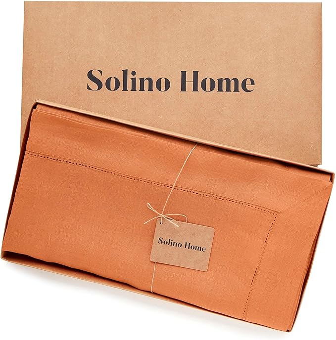Solino Home Linen Tablecloth 60 x 156 Inch - Classic Hemstitch 100% Pure Linen Pumpkin Table Cloth for Rectangle Tables - Machine Washable Tablecloth for Fall, Autumn, Thanksgiving