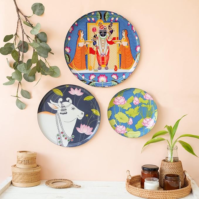 RITUALISTIC Pichwai Iron Wall Art Plates – Set of 3 Decorative Plates | Indian Wall Art for Home Decor | Wall Decor for Living Room & Bedroom | Handcrafted Metal Wall Hanging | Christmas gifts
