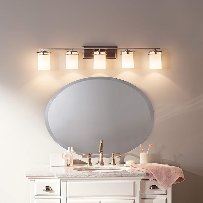 Kichler Hendrik 43" Vanity Light in Brushed Nickel, 5-Light Modern Bathroom Vanity with Satin Etched Cased Opal Glass, (43" W x 7.75" H), 5085NI