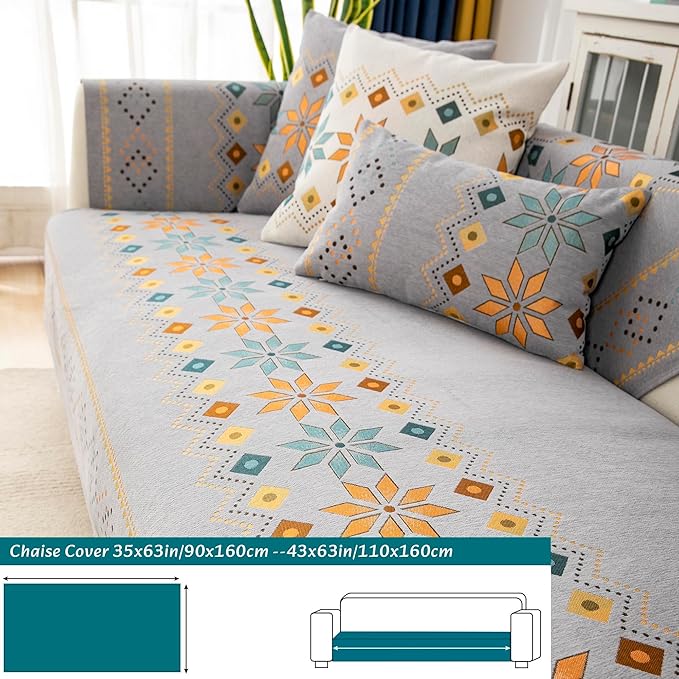 Boho Chenille Couch Covers,Geometric Couch Covers for Sofa,Chenille Couch Cover Non Slip,Sectional l Shaped Sofa Furniture Protector Cover for Home Decor,Gray_Chaise 35x63in/90x160cm