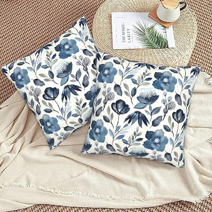 Blue Floral Pillow Covers 18x18 Inch Set of 2 Navy Blue Floral Throw Pillow Cover Chinoiserie Flowers Square Pillowcase Cushion Cases for Home Couch Bed Sofa