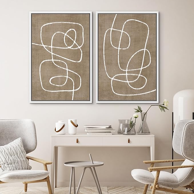 SIGNWIN Framed Canvas Print Wall Art Set Geometric Mid-Century Spiral Collage Abstract Shapes Cozy Neutral Minimal Decorative Nordic Zen Bohemian for Living Room, Bedroom, Office - 16"x24"x2 White