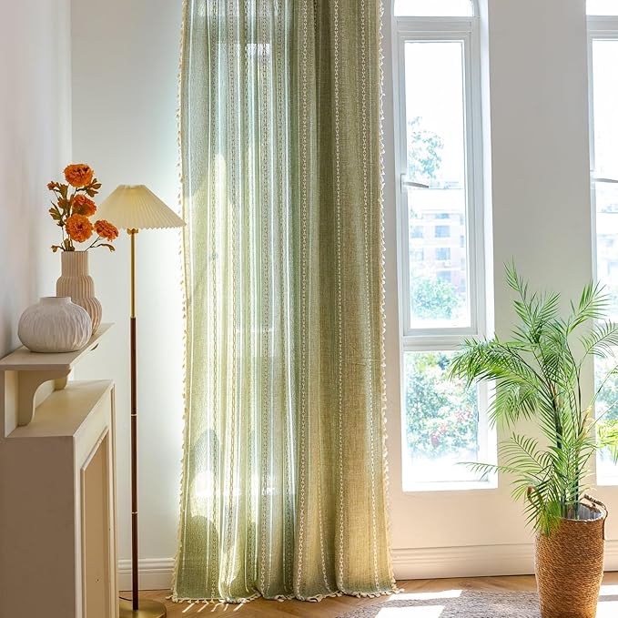 Sutuo Home Green Boho Curtains 120 inch Extra Long for Bohemian Farmhouse House Decoration, 52" Wide 1 Panel Semi Blackout Window Treatment, Privacy Embroidery Drape for Bedroom Living Room Guest Room