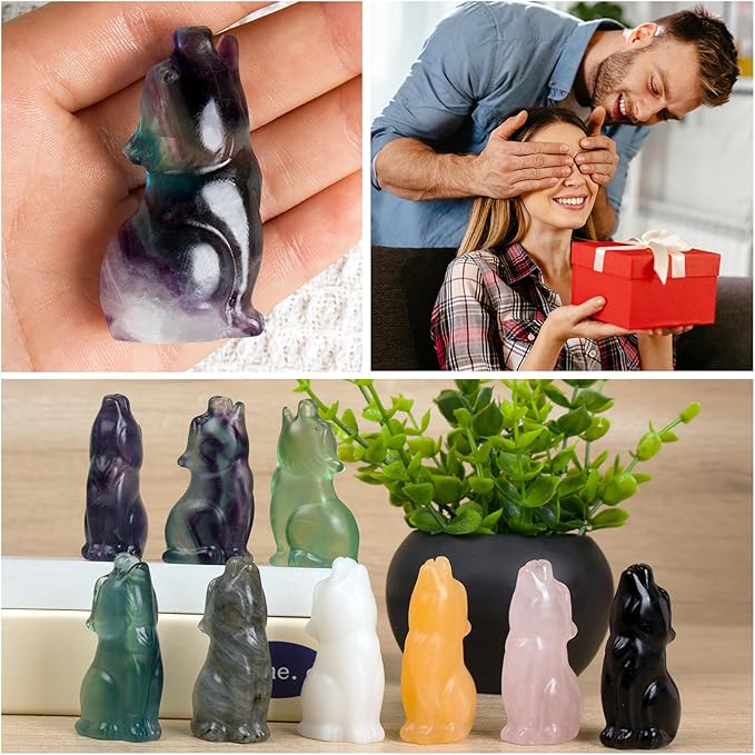 Rainbow Fluorite Howling Wolf Crystal Figurines, 2.2 Inch Wolf Totem Spirit Animal Statue Decor for Home Office Desk Altar, Hand Carved Natural Healing Crystal Sculpture Gifts for Women Men