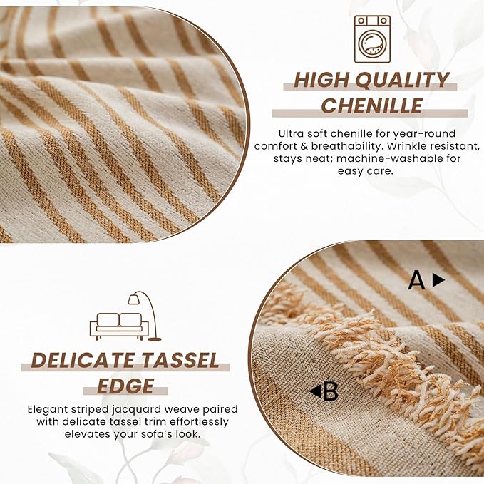 VClife XL Sofa Cover Chenille Couch Cover for 3 Cushion Couch Sofa, Modern Beige Khaki Striped Couch Covers for Kids Washable Sectional Sofa Protector with Tassel 71"X134"