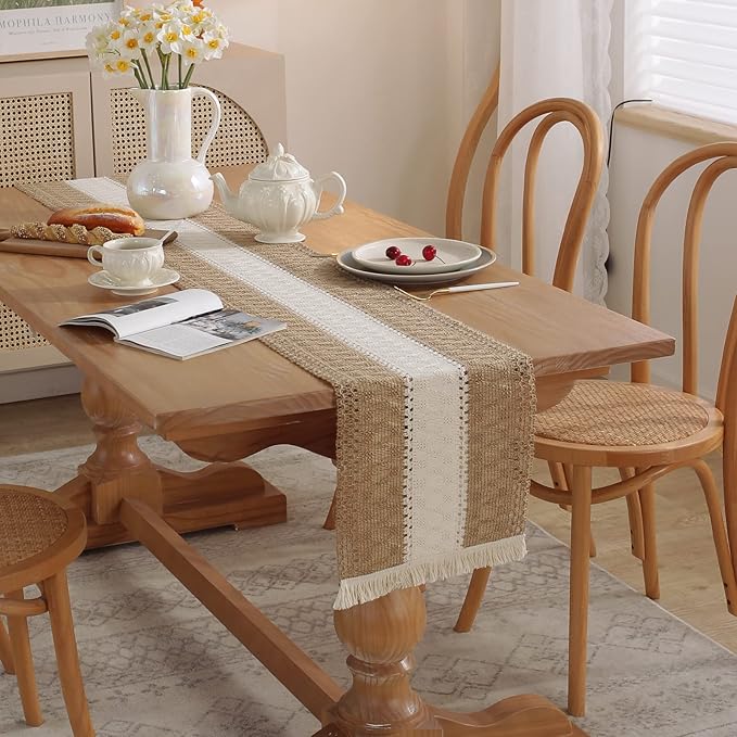 Boho Burlap Macrame Table Runner, Farmhouse Style Cotton Linen Rustic Woven Table Runner with Tassels for Dining, Wedding, Bridal Shower, Bohemian (12x72 inch, Off-White Stripe)