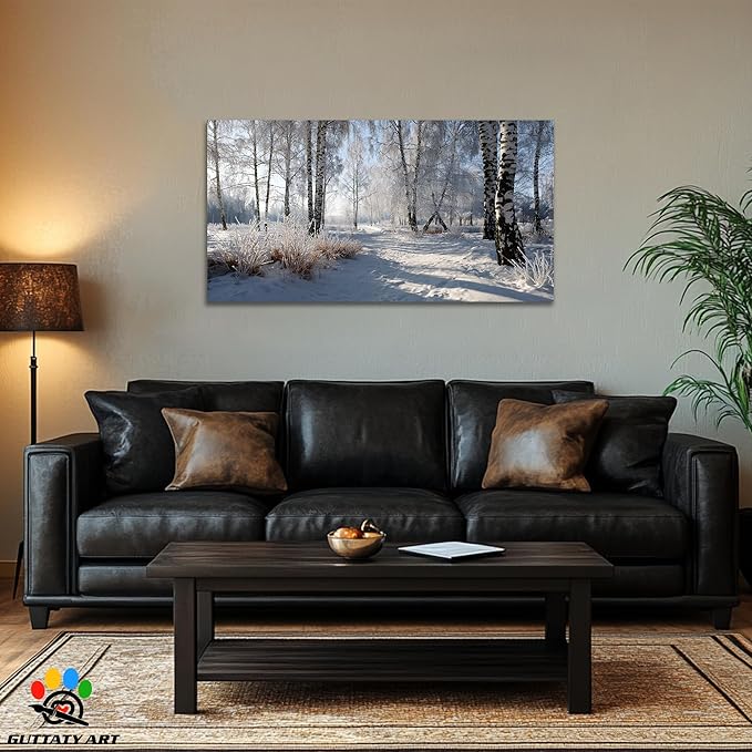 GUTTATY Christmas Winter Scene Canvas Wall Art, Snowy Forest Birch Tree Canvas Prints, Serene Blue White Painting, Peaceful Landscape Poster Picture for Living Room Bedroom Office, 24x12 Inch