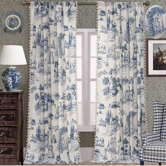 F-CHU Blue Vintage Curtains 72 Inches Long for Bedroom 2 Panels Semi Blackout Farmhouse Modern Pattern on Cream White Cotton Fabric Window Treatments Drapes for Bedroom 55" W x 72" L