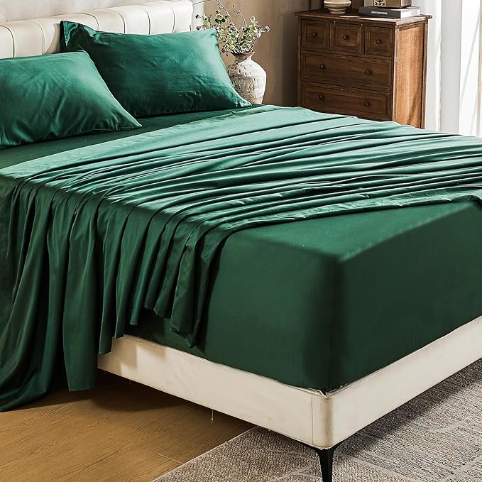 MEISHANG Extra Deep Pocket Cotton Sheets King Size - 100% Egyptian Cotton 1000 Thread Count - Fits 18"-24" in Deep Mattress,Oeko-Tex Certified, Soft & Breathable - 4 Piece (King, Dark Green)