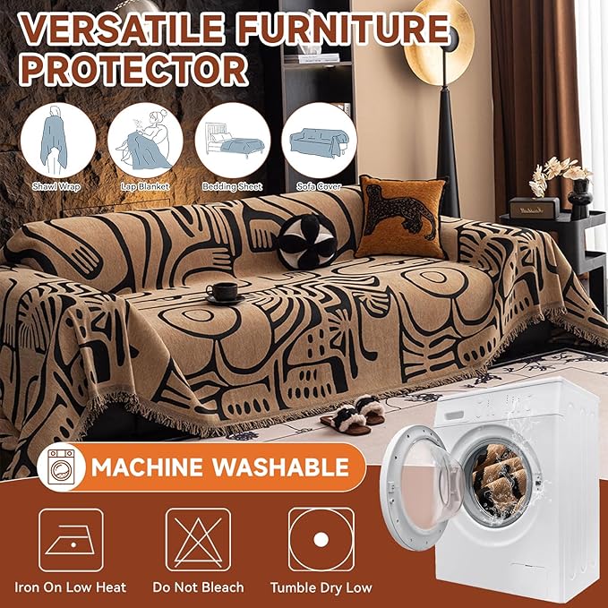 VClife Boho Sofa Cover Pet Sectional Couch Covers, Anti Slip Chenille Sofa Slipcover for 3 Seat, Unique Black Coffee Couch Sofa Covers for 3 Cushion Couch Washable Sofa Covers Throw, 71"X150"